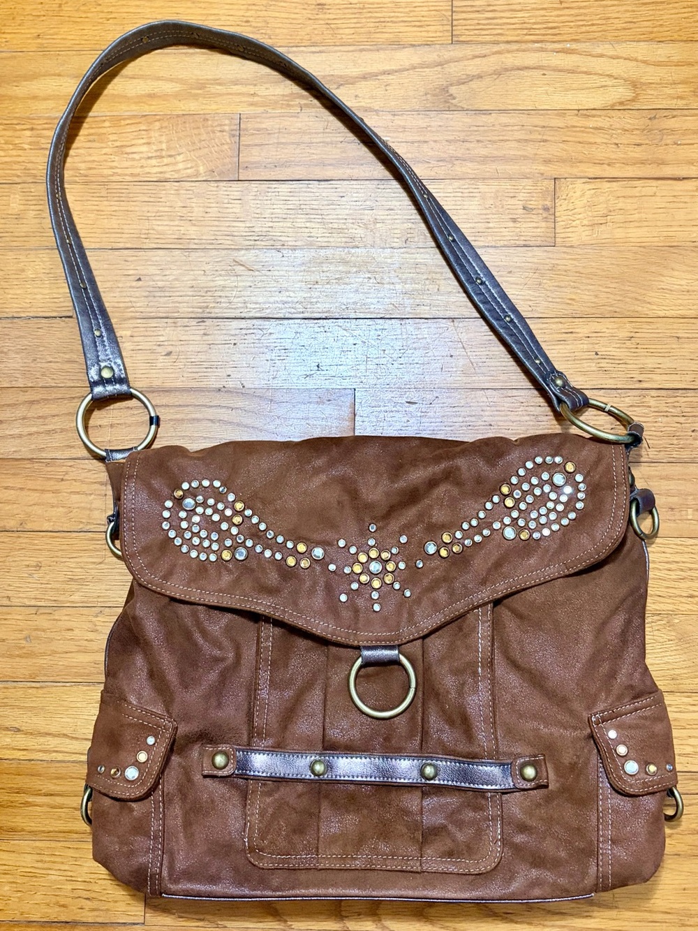 Kathy Van Zeeland Brown Suede Studded Shoulder Bag
